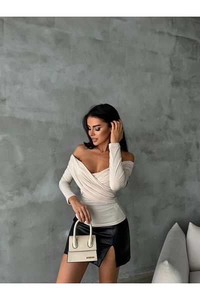 alenmoda Asymmetrical Madonna Collar Long Sleeve Sandy Crop Blouse