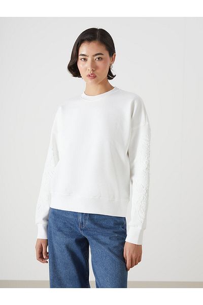 LC Waikiki Lcw Vision Ekru Bisiklet Yaka Nakışlı Oversize Kadın Kalın Sweatshirt