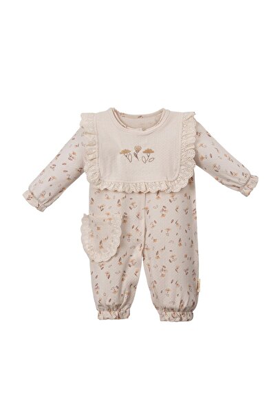 Lolons Çiçek Nakışlı Kız Bebek Tulum-Ekru