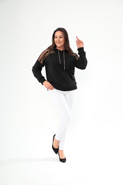 Ebsumu Women'S.Large Size Black Hooded Women's Black-Yellow Sweatshirt with Stone and Tulle Detail