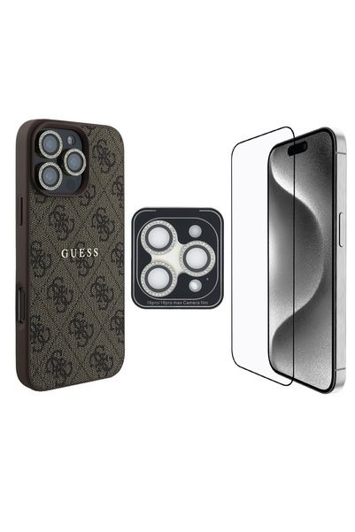 Guess iPhone 16 Pro Guess Lisanslı 3in1 Uyumlu Aksesuar Seti Kılıf + Ekran ve...