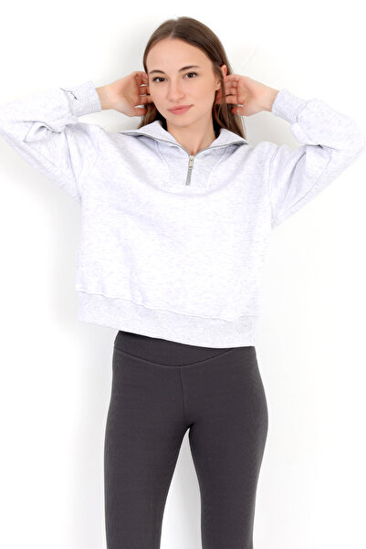 GİYSA Дамски суитшърт от памучна смес с цип и половин цип, Snow Melange - 2512