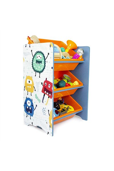 Home Canvas Crazy Monster Toy Storage 3Bins Organizer For Kids Play Room, Multicolor