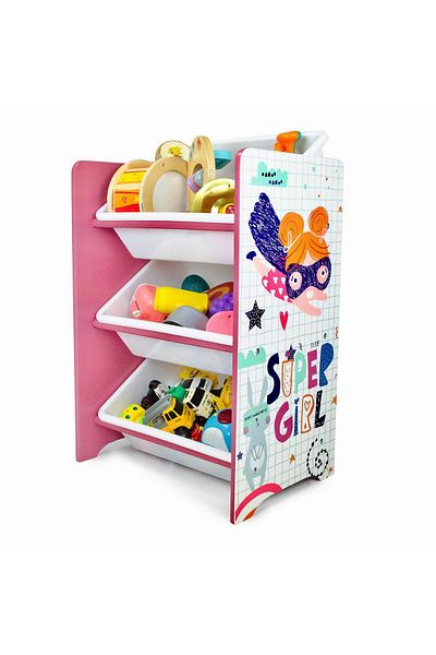 Home Canvas Super Girl Toy Storage 3Bins Organizer For Kids Play Room, Multicolor
