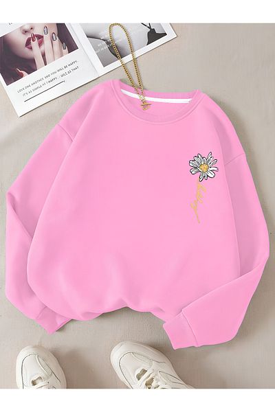 Revasser Γυναικείο βαμβακερό φούτερ HAPPY Daisy Special πολύχρωμο Oversize Crew Neck