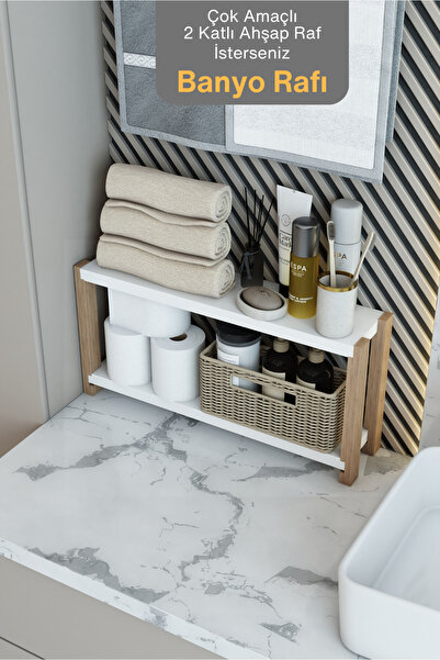 Jest Dekor Konsept Beril Beyaz Çok Amaçlı 2 Katlı Ahşap Banyo Rafı / Mutfak Rafı, Baharatlık, Organizer, Dekoratif Raf