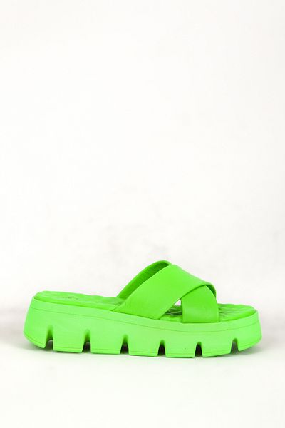 Dericlub Γυναικείες παντόφλες Green Highlighter Real Leather - Χοντρή σόλα και χιαστί Zy 7658