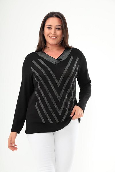 Ebsumu Women's Plus Size Black V-Neck, Stone Detail, Strawberry Fabric Black-White Blouse with Long Sleeve