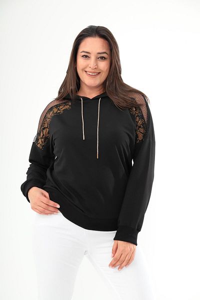 Ebsumu Women'S.Large Size Black Hooded Women's Black-Yellow Sweatshirt with Stone and Tulle Detail