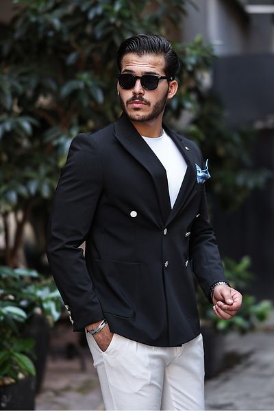 BERDA Italian Style Bag Pocket Pointed Neck Half Garni Lining Detail Double Breasted Jacket Black