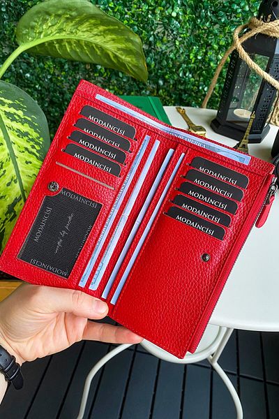 Modica Mannu - Elite Serie Red Long Wallet with Hand Strap Real Leather Coin Compartment