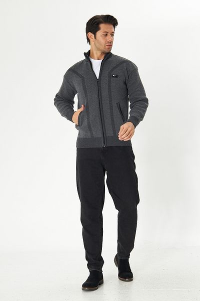 NASIFOĞLU GİYİM Men's Gray Zip-Up Knitwear Cardigan Relaxed Fit Turtleneck Winter Cardigan Coat