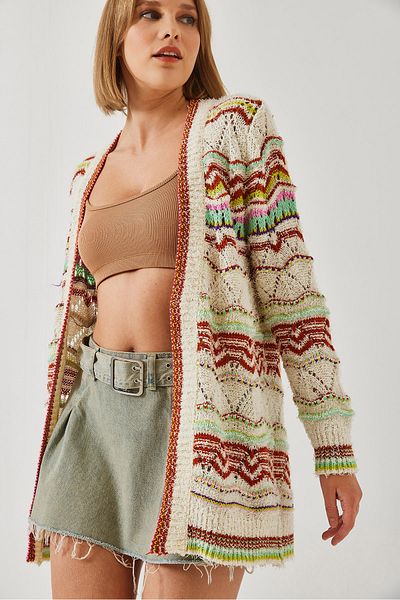Bianco Lucci Women's Multi Patterned Long Knitwear Cardigan 20246246