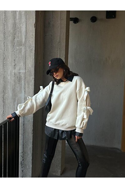 minaaise Γυναικείο φούτερ με κορδέλα με φαρδιά κοπή 3 κλωστών εκρού 28318