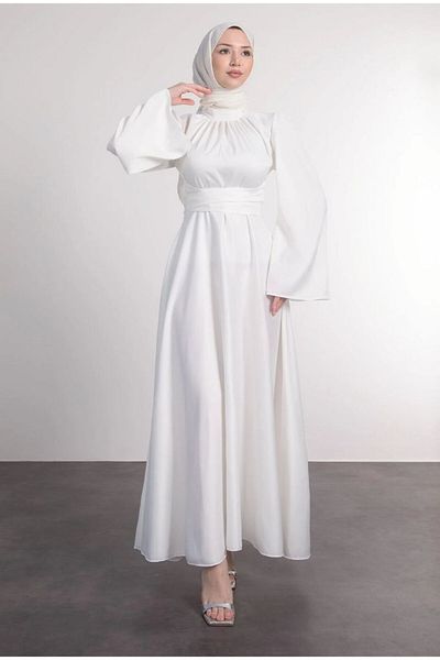 BestShopping Bat Sleeve Satin Evening Dress with Tie Waist