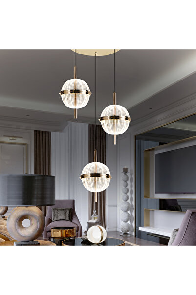 Apliqa Loret 3'lü Yuvarlak 36 Watt Gold Krisatlli Modern Salon Oturma Odası Sarkıt Led Avize