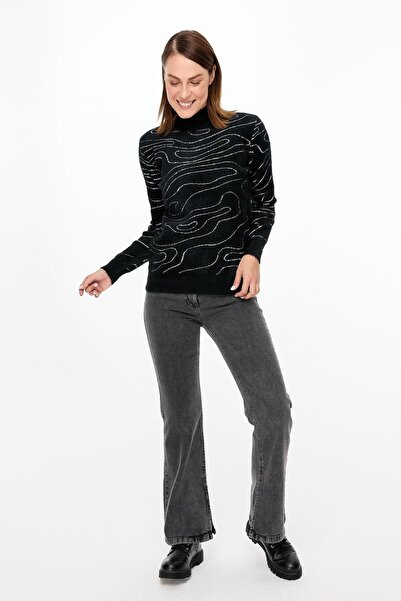 accort İp Desenli Yumoş Triko Kazak-SİYAH
