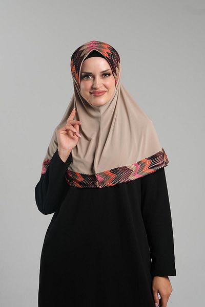 HÜRREM BONE Μπεζ μαντήλι Hijab - Πρακτικό έτοιμο, Διχτυωτό με μοτίβο σε άμμο, Snap-on 2401_12