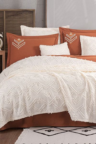 TEKSTİLDENİZİ Good Night Istanbul Aztec Cream Double 100% Cotton Bedspread Set