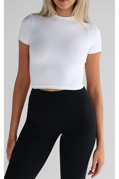 LADY HAZAL Λευκό T-Shirt Slimfit - Ύφασμα με ραβδώσεις, σχέδιο Mock Neck