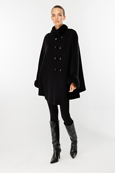 accort Yaka Kürklü Triko Panço-SİYAH