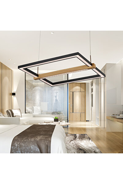 Apliqa April Siyah Kare 58 Watt Ahşap Desenli Modern Salon Led Sarkıt Avize
