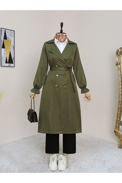 Modamorfo Trenchcoat mit doppelter Knopfmanschette und elastischer Taille – Khaki