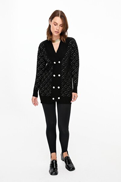 accort Kruvaze Yaka Desenli Triko Hırka-siyah