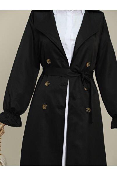 Modamorfo Trenchcoat mit doppelter Knopfmanschette und elastischer Taille – Schwarz