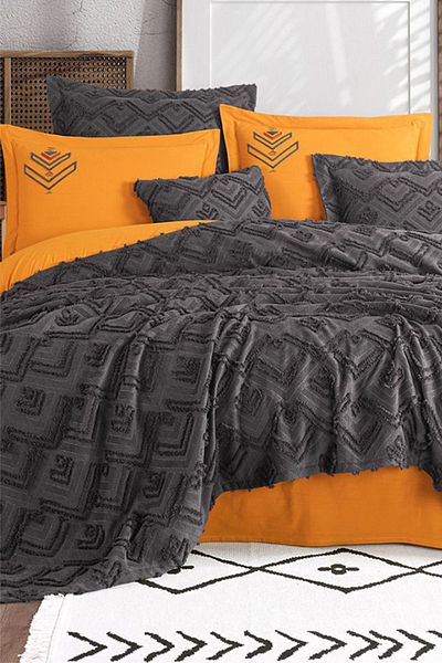 İyi Geceler İstanbul Good Night Istanbul Aztec Anthracite Double 100% Cotton Bedspread Set
