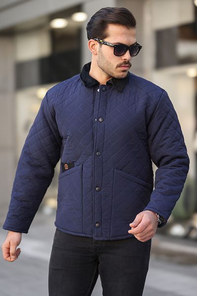 Serseri Men's Navy Blue Quilted Sheepskin Snap Closure Velvet Collar Coat