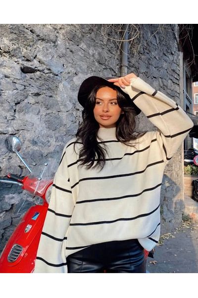 40 Adım Turtleneck Striped White Knitwear Sweater
