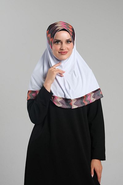 HÜRREM BONE Πρακτικό λευκό μαντήλι Hijab - Έτοιμο να φορεθεί, πολύχρωμο σχέδιο, πλέγμα 2401_42