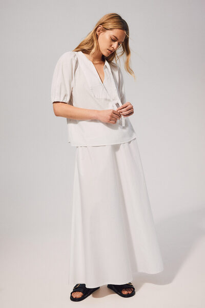 H&M Keten Karışımlı ve Yakası Bağcıklı Bluz