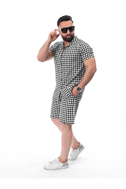 MCZ GİYİM Чорно-білий кольоровий лляний картатий чоловічий шорти - сорочка верхній комплект