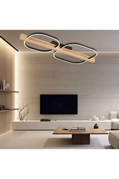 Apliqa Asrın Siyah 2'li Kare 100 Watt Plafonyer Ahşap Desenli Modern Salon Led Avize