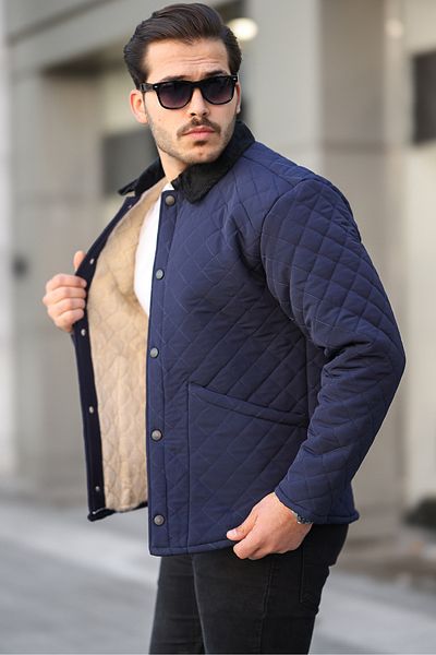 Serseri Men's Navy Blue Quilted Sheepskin Snap Closure Velvet Collar Coat