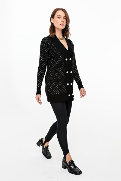 accort Kruvaze Yaka Desenli Triko Hırka-siyah