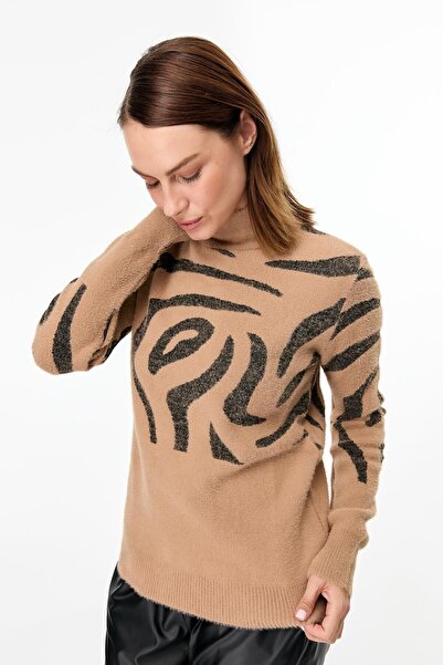 accort Leopar Desenli Triko Kazak-CAMEL