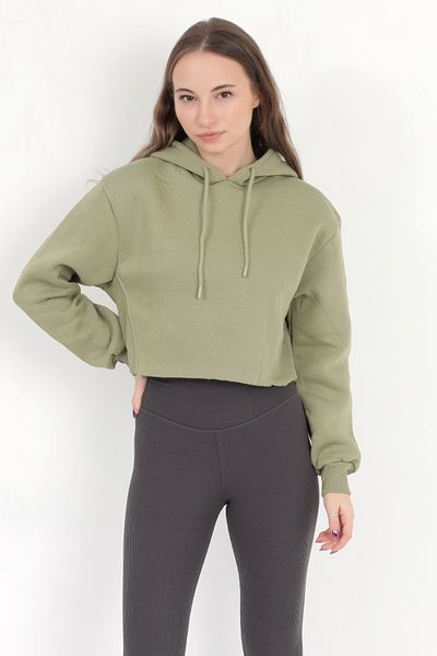GİYSA Green Oversize Hooded Crop Sweatshirt - Rib Detail, Hoodie - 2543