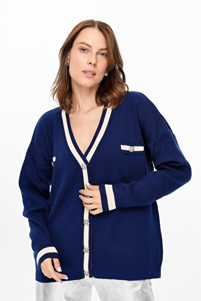 accort Biyeli Taşlı Düğmeli Triko Hırka-LACI