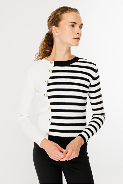 accort Çizgili Düğme Detaylı Triko Kazak-EKRU