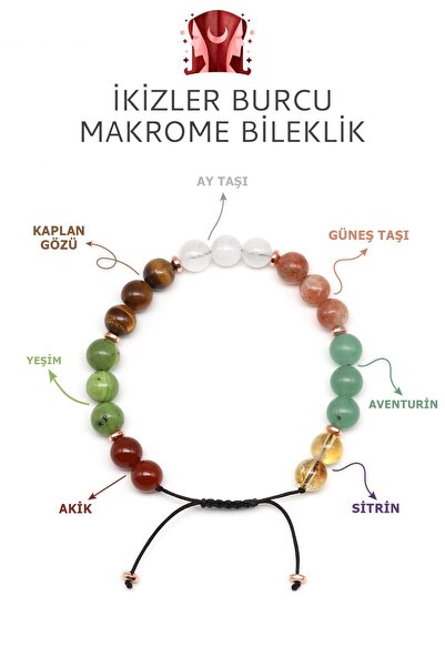 Alibaba Doğaltaş İkizler Burcu Taşlarından Oluşan Doğal Taş Makrome Bileklik 8 mm Küre Kesim - Burç Bilekliği