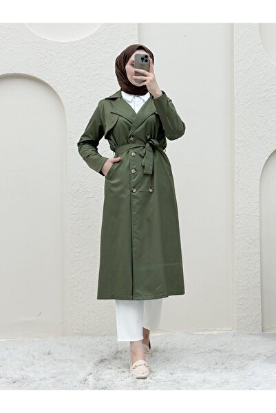 Modamorfo Double buttoned shoulder trench coat with waist tie - khaki
