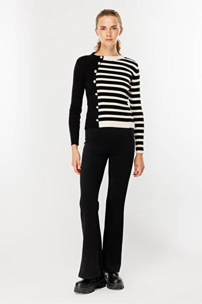 accort Çizgili Düğme Detaylı Triko Kazak-SİYAH