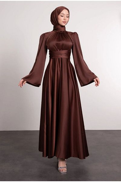 BestShopping Bat Sleeve Satin Evening Dress with Tie Waist