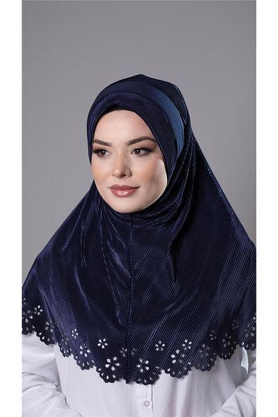 HÜRREM BONE Navy Blue Practical Ready-Made Hijab Κασκόλ Fukuro Πανί Πλισέ με λουλουδάτο μοτίβο κοπής με λέιζερ 1829_02