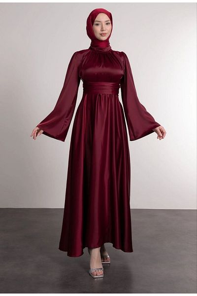 BestShopping Bat Sleeve Satin Evening Dress with Tie Waist