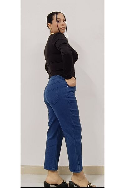 AKŞEN GİYİM ȚESĂ DENIM DE COTON DE MĂRIME MARE TALIE ÎNALTĂ PANTALONI CAPRY CU LICRA BOL