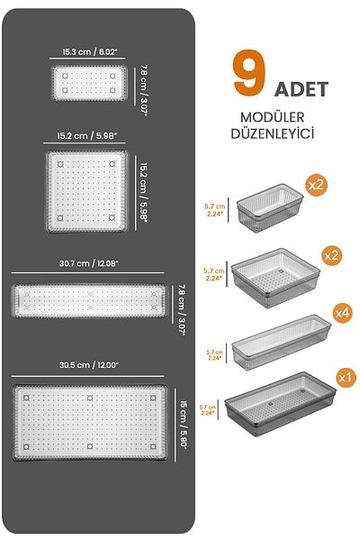 Meleni Home Anthracite 9 Piece Modular Σετ μαχαιροπήρουνων - Ρυθμιζόμενο συρτάρι κουζίνας και οργάνωσης